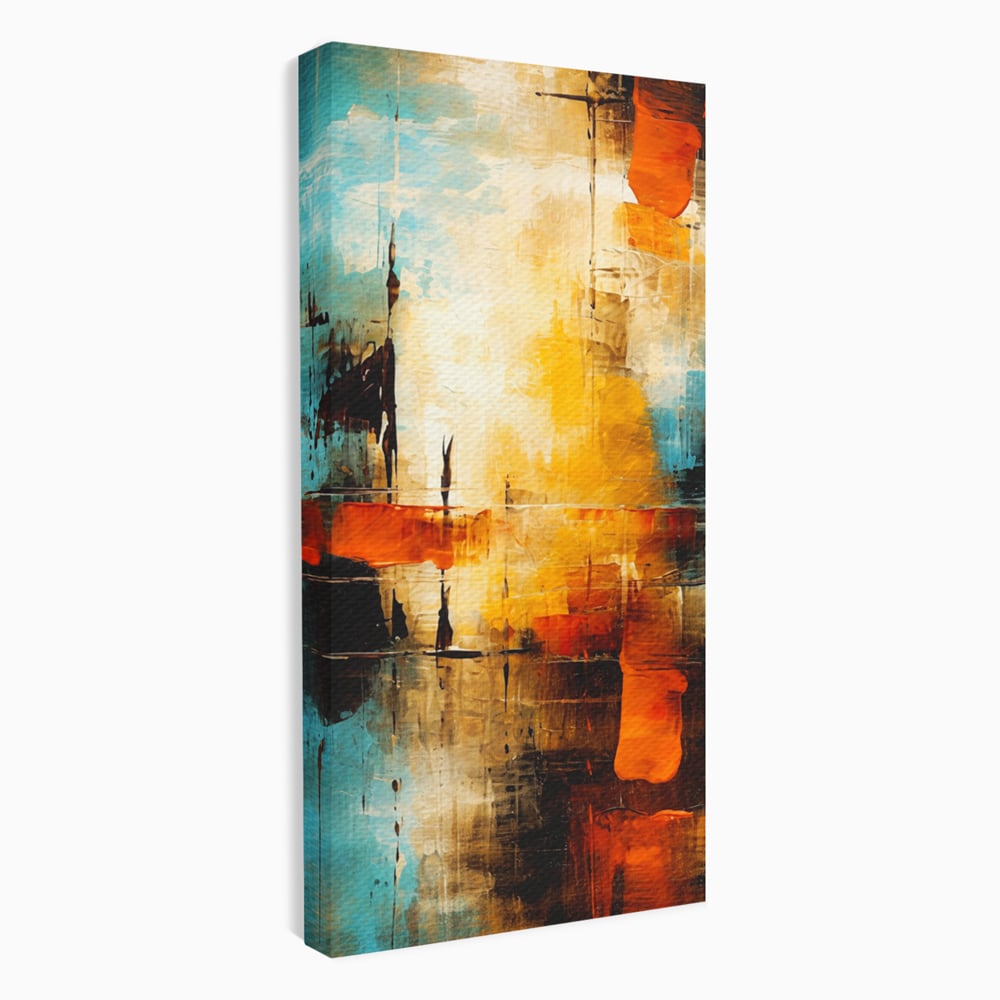 Tablou canvas cu pictura abstracta cu portocaliu si albastru, fara rama, pe sasiu de lemn